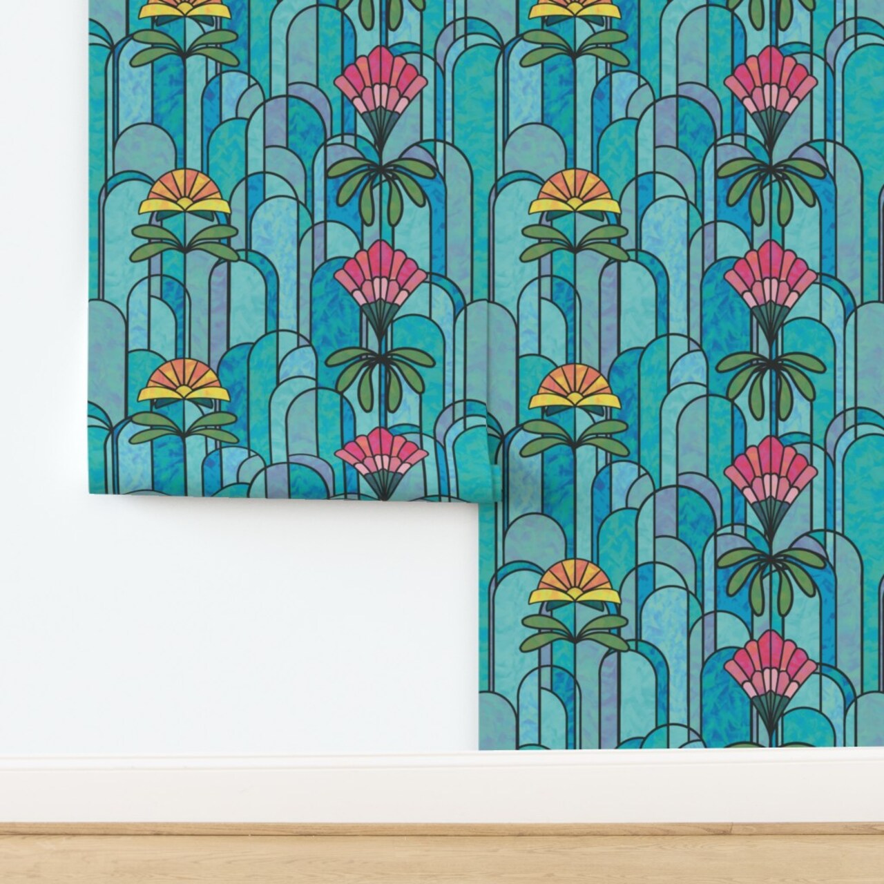 Bold Floral Abstract Geometric Stained Glass Blue Green Pink Yellow Flowers Custom Removable Wallpaper by Spoonflower Peel & Stick Wallpaper 2FT Wide
